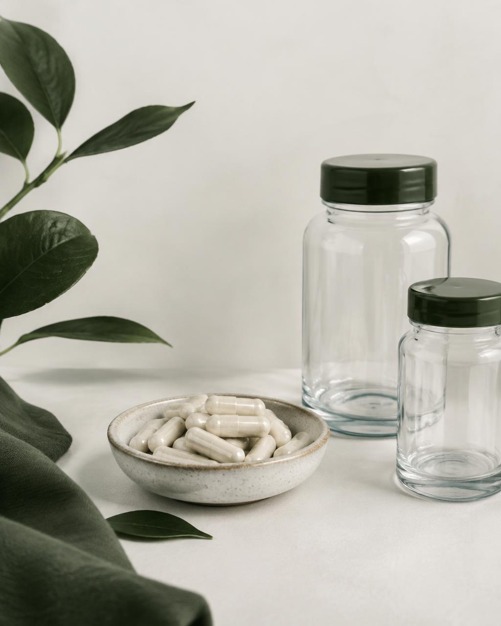 Capsules in a ceramic dish beside glass jars
