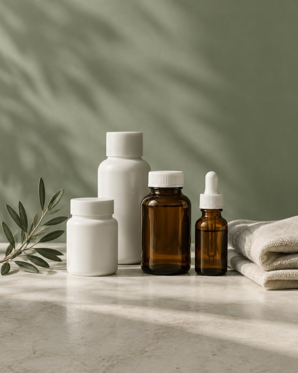 Unlabeled wellness bottles on a stone surface